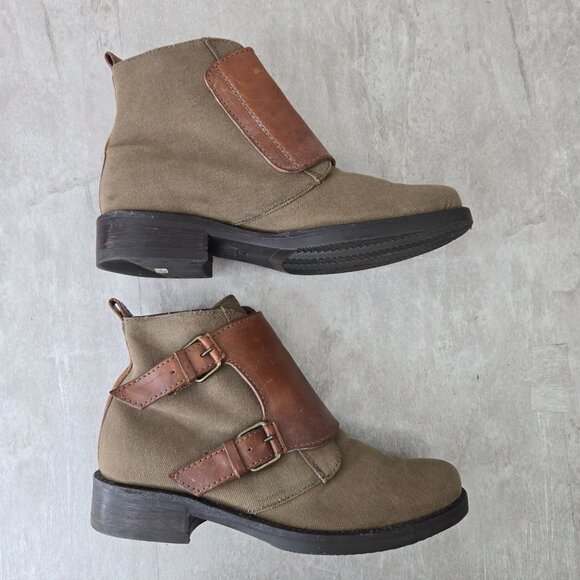 J Crew Ankle Boots 6 Brown Green Canvas Monk Strap Shoe Booties Grunge Lagenlook - Picture 5 of 13